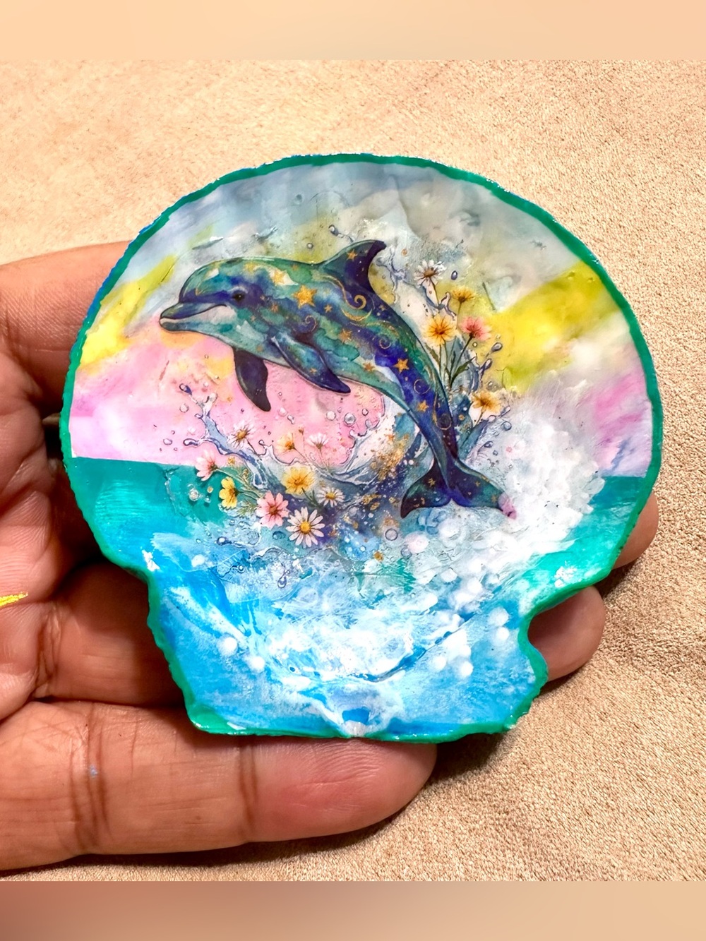 Hand Painted Magical Dolphin and Floral Seashell Art Display with Stand